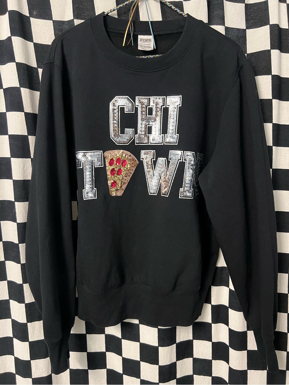 PINK Victoria Secret Chicago CHI TOWN Pizza Black Crewneck Sweatshirt